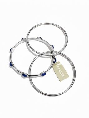 NWT Chico's Women’s Silver Tone Bangle Trio with Blue Cabochons Gift Elegant